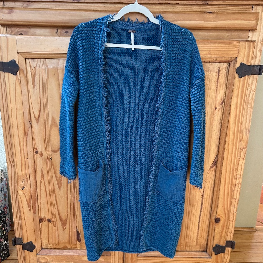 Free People Teal Blue Cotton Chunky Knit Frayed Longline Cardigan Duster XS